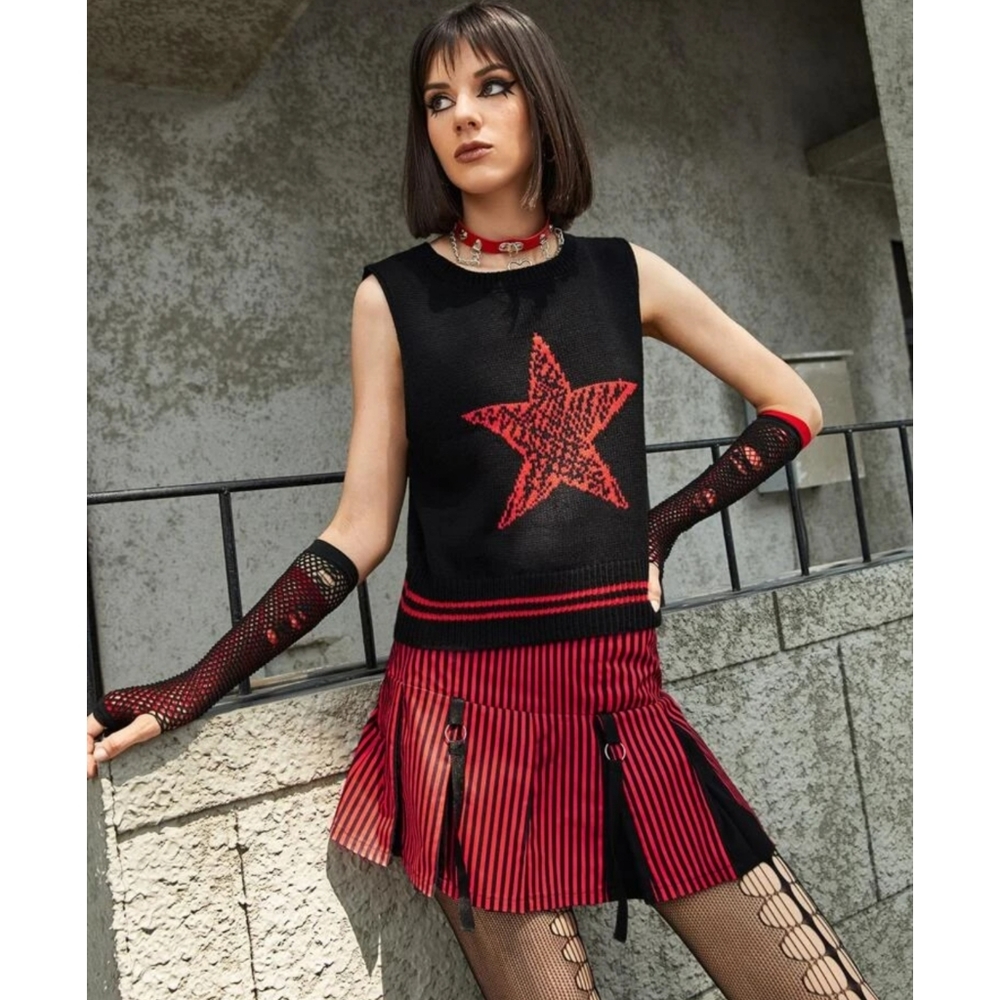 Star Print Black & Red Sweater Vest Sleeveless Goth Punk M & L Available - Picture 4 of 7
